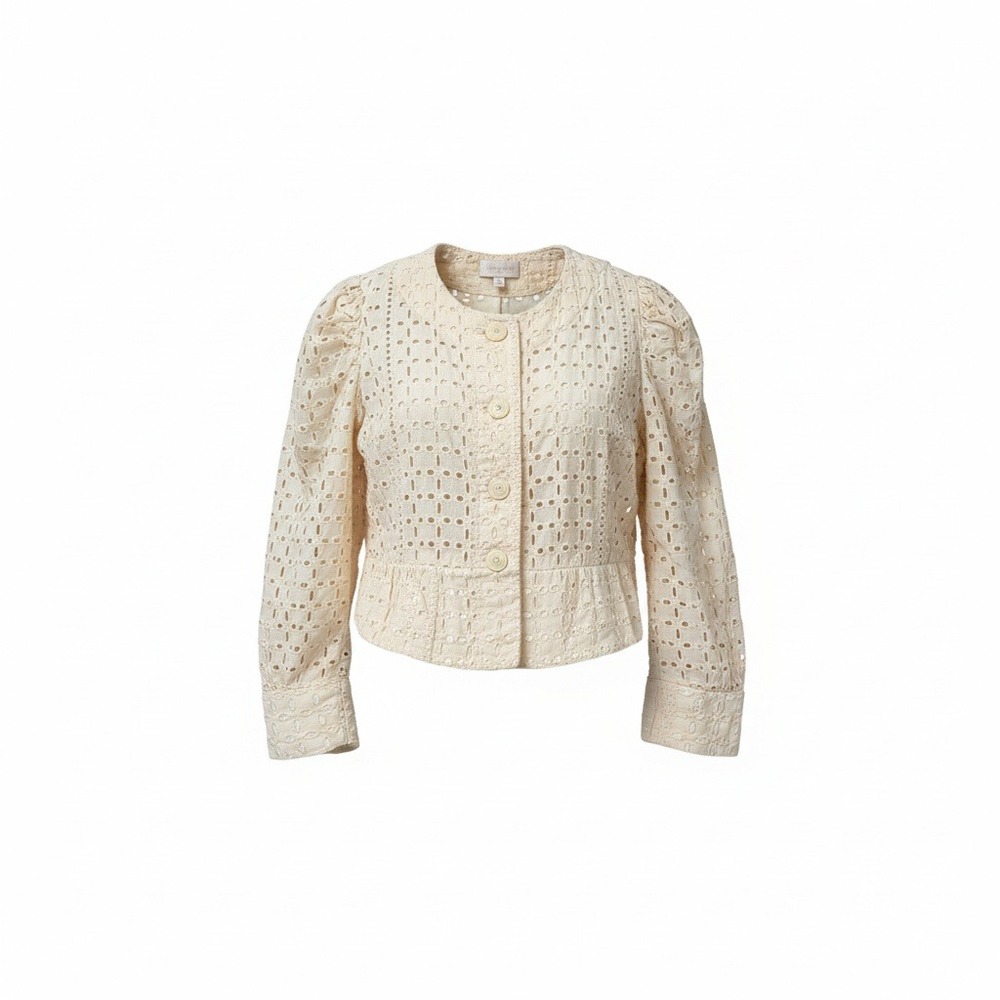Regalinas Cream Eyelet Cotton Puff Sleeve Peplum Jacket Size S/M Boho Romantic